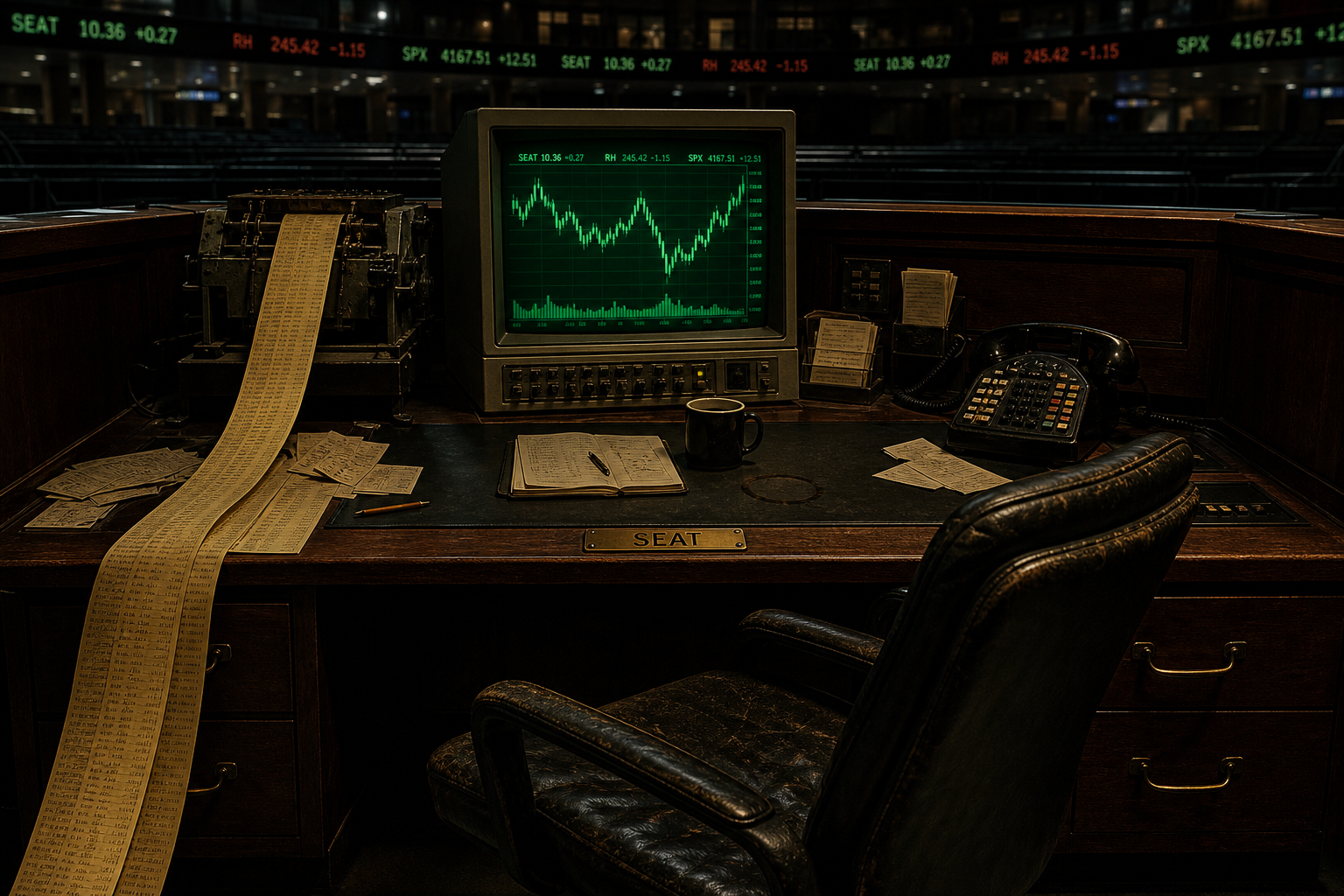 Empty trading seat. CRT. Ticker tape. Desk. No people.